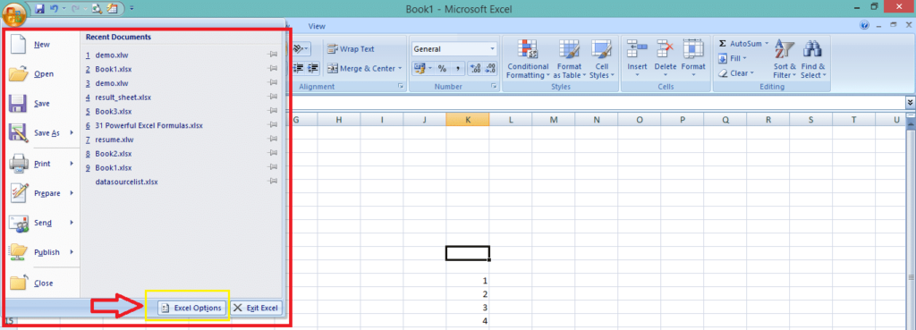 Excel file menu 