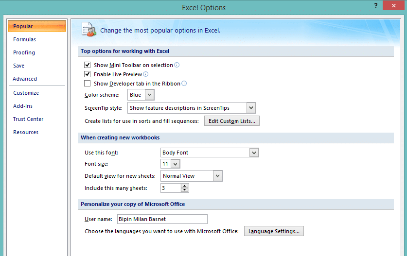 Excel Options dialog box 