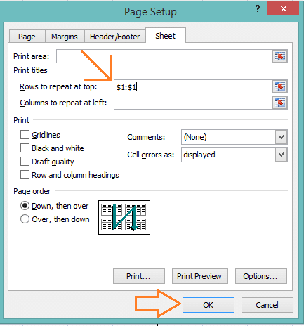 specify row reference on rows to repeat at top box inside sheet tab on the page setup dialog box in Excel