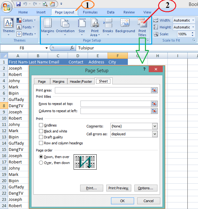 page setup dialog box in excel with active sheet tab