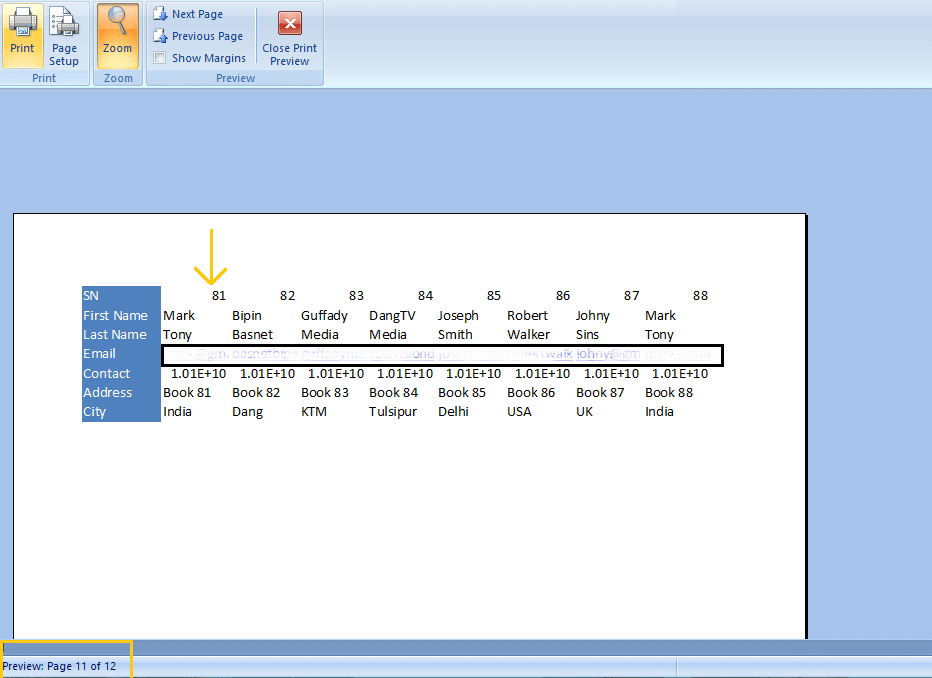 excel print preview vertically printed title on left of every page