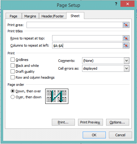 select column to print title on left of every page in excel