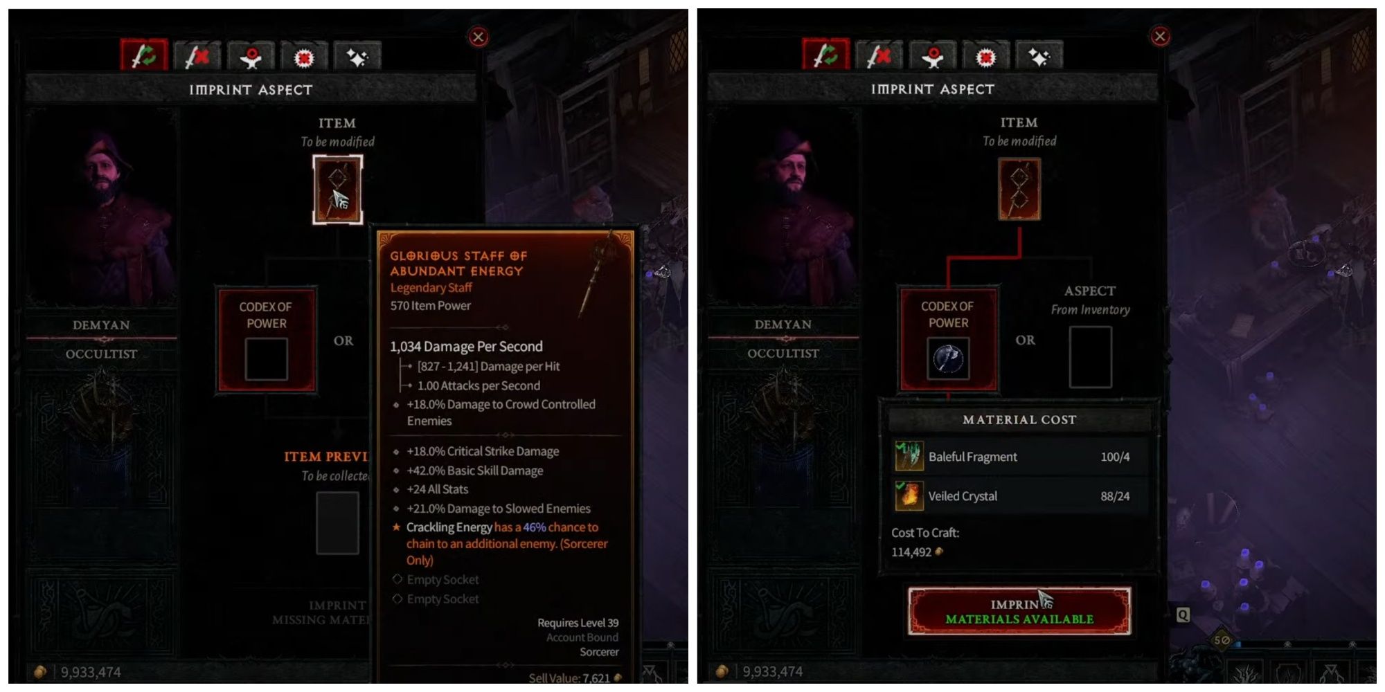 The aspect menu for the Occultist vendor in Diablo 4