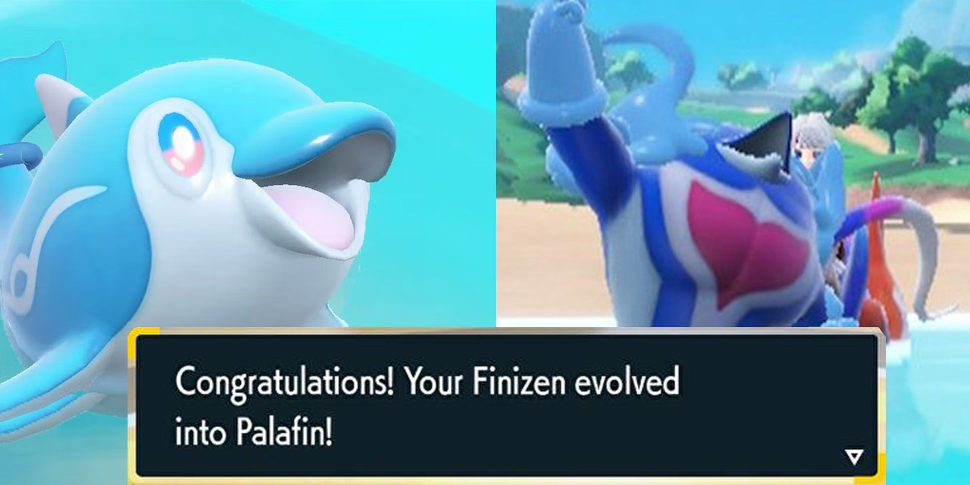 Pokemon Scarlet Violet Finizen evolving into Palafin