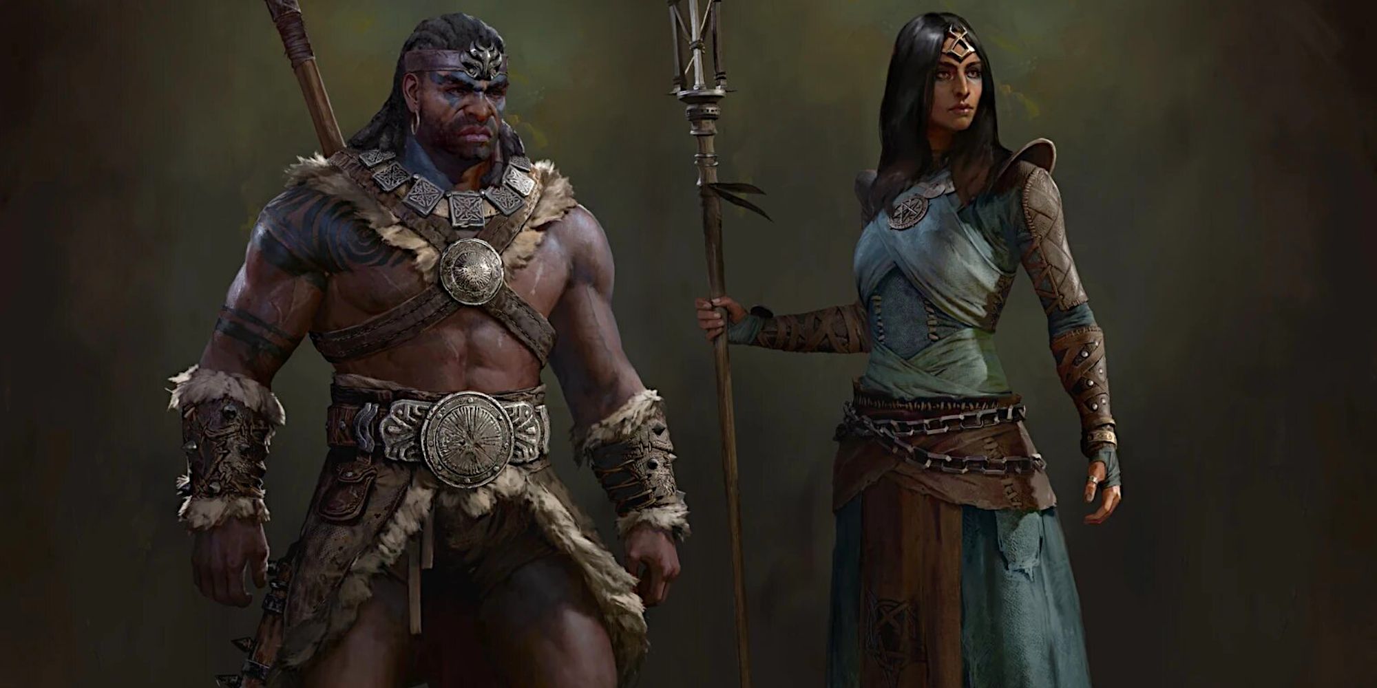 Split image of the characters Barbarian and Sorceress in Diablo 4.