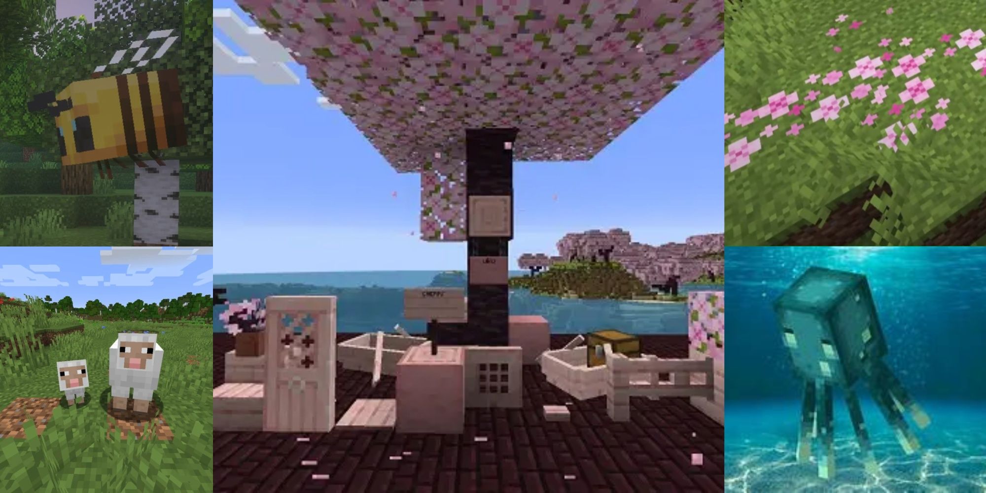 a bee, sheep, glow squid, pink petal block, and all of the cherry tree craftables from Minecraft