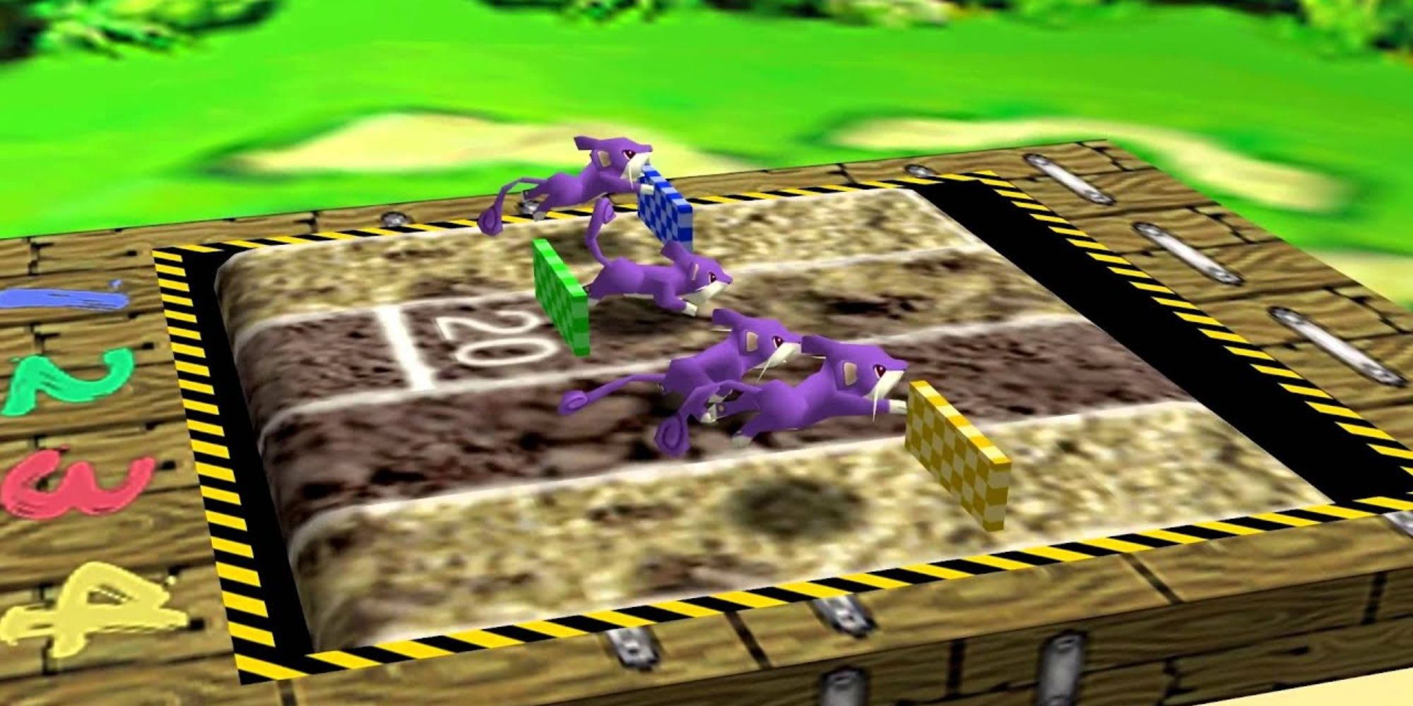 Four purple rats on a treadmill, jumping over fences on fake ground