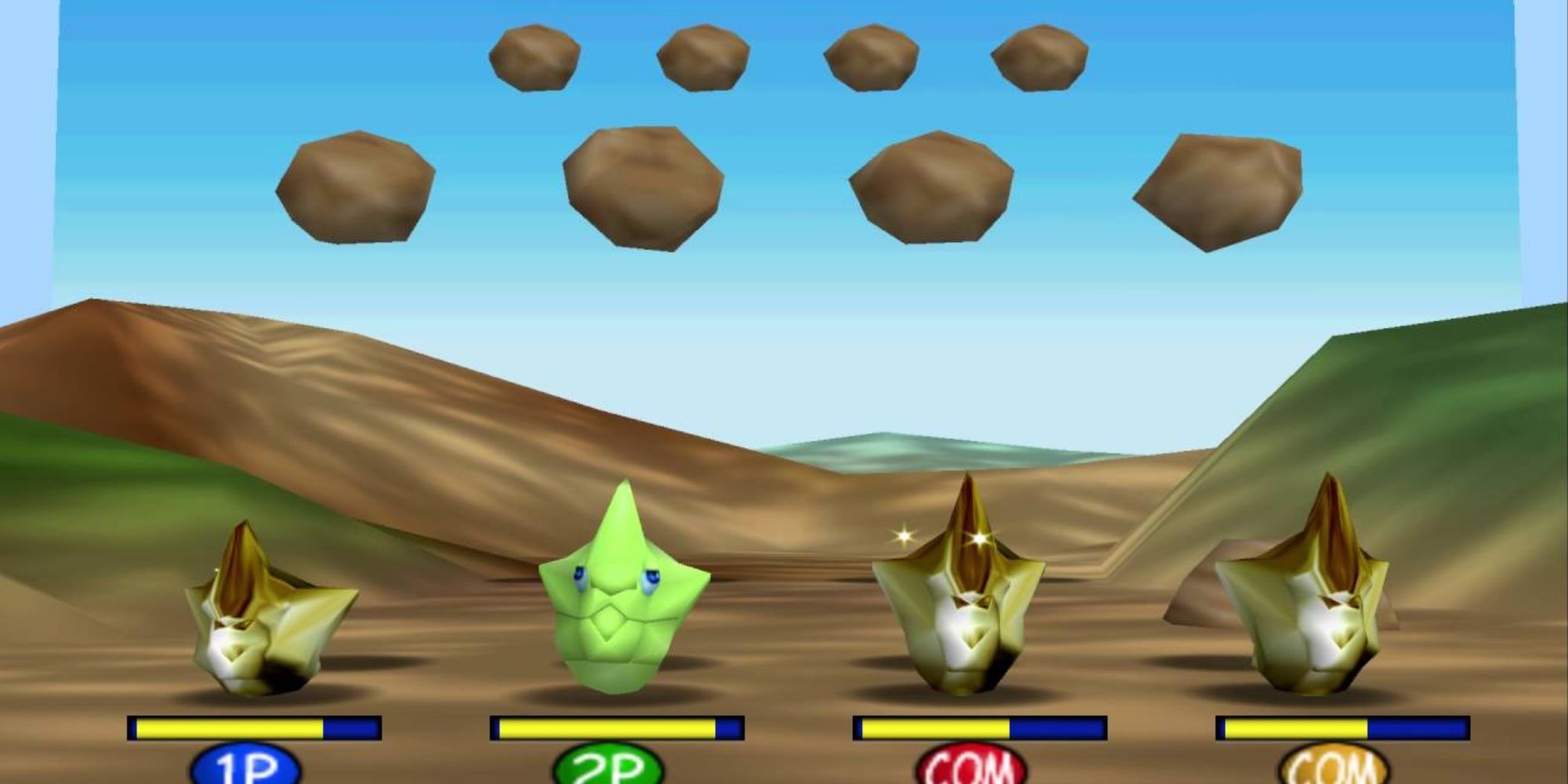 Four cocoons that are shiny with boulders flying in the air