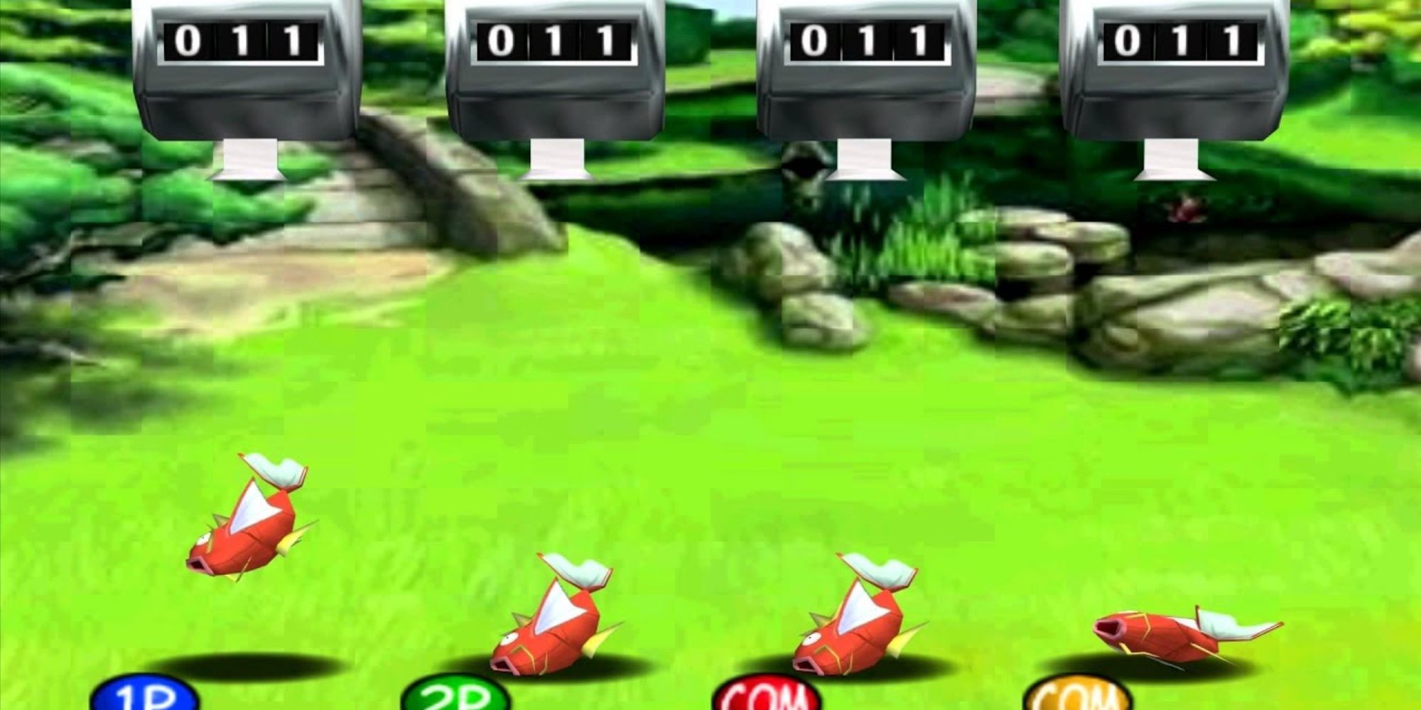 Four fish on a grassy hill with four floating counters