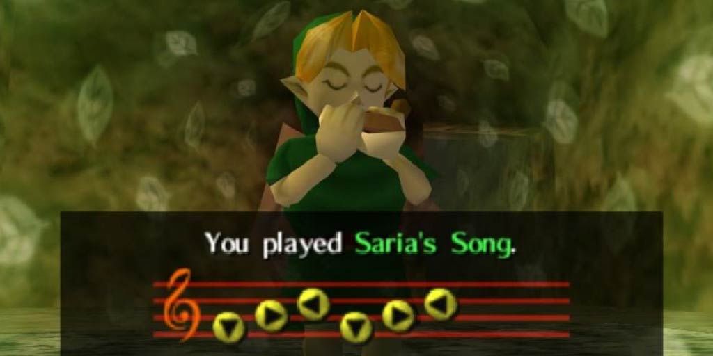 Link playing Saria's Song on ocarina in Ocarina of Time.