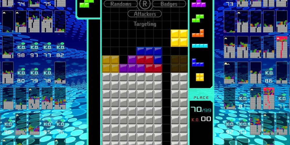 The player's Tetris board in the middle of the screen surrounded by smaller versions of other player's boards