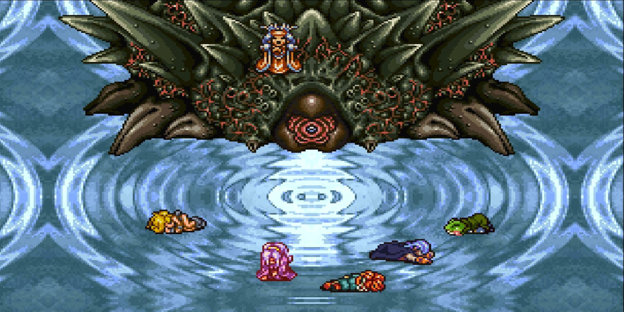 Lavos looming over the player and their defeated party (Chrono Trigger)