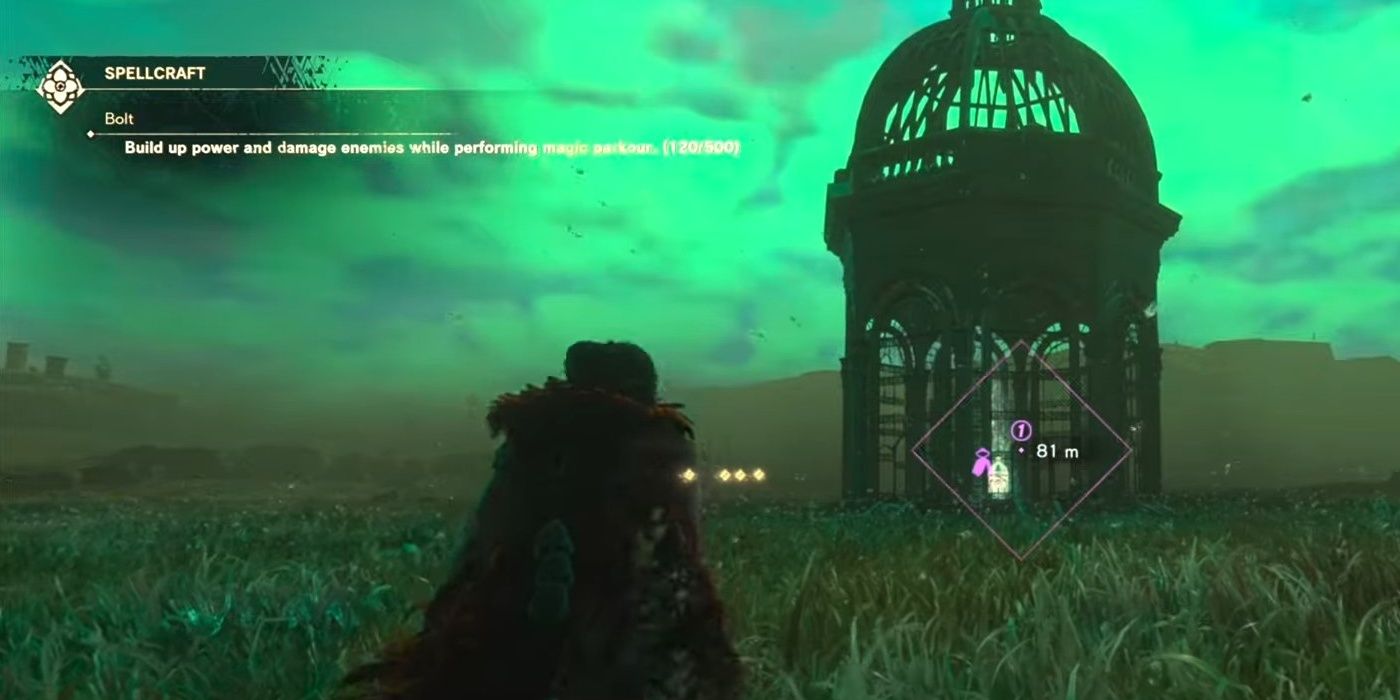 The 10th Locked Labyrinth Field is found under a glowing green sky in the middle of a field by the character in Forspoken.