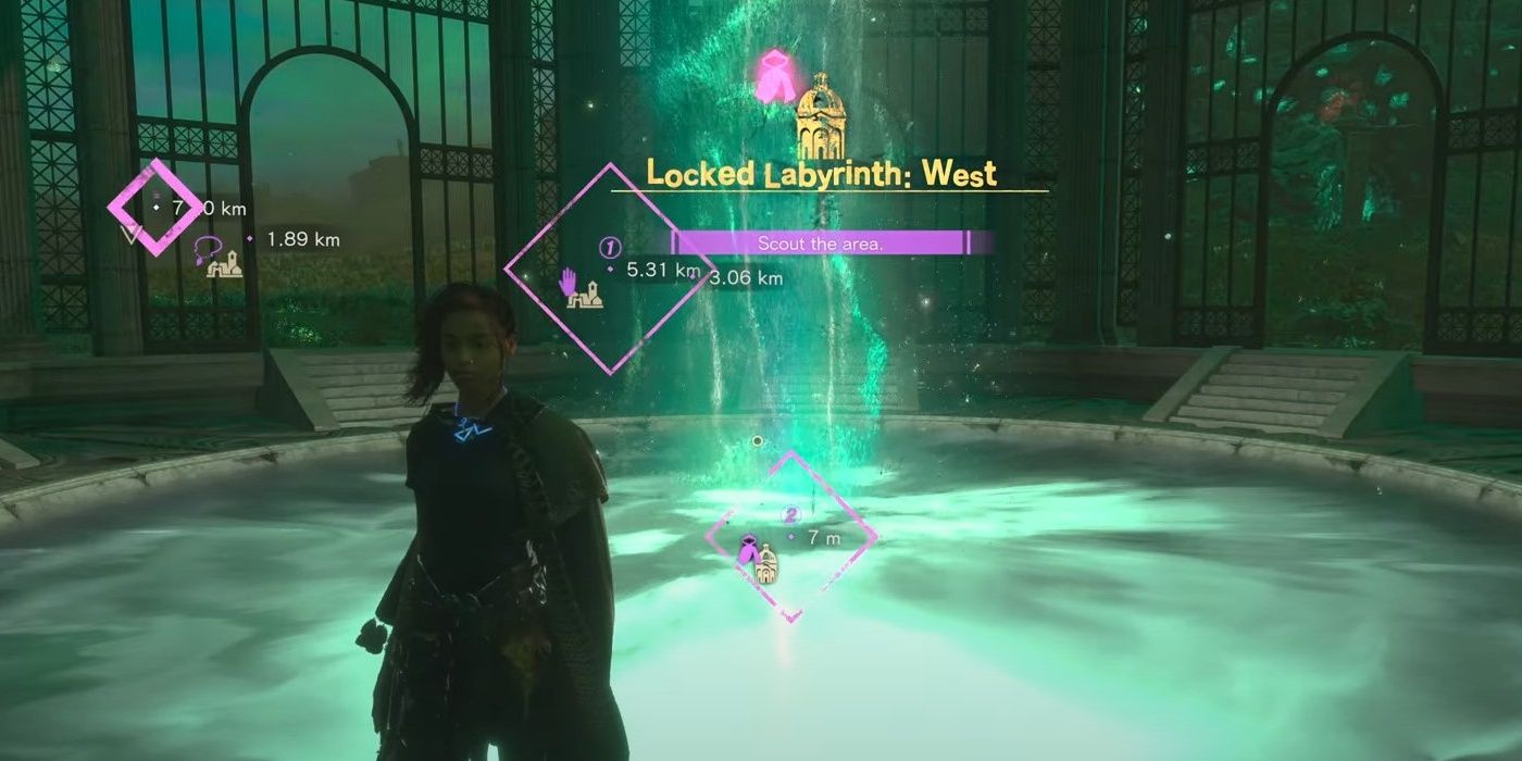 The 11th Locked Labyrinth West is found by the character in Forspoken who is standing in the middle of the glowing green entrance. 
