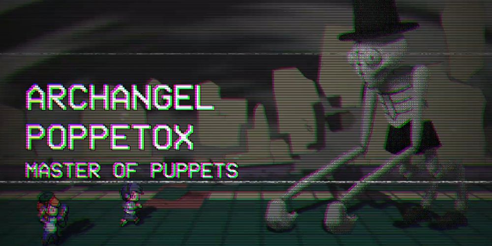 The intro screen for the Archangel Poppetox boss battle in Cassette Beasts