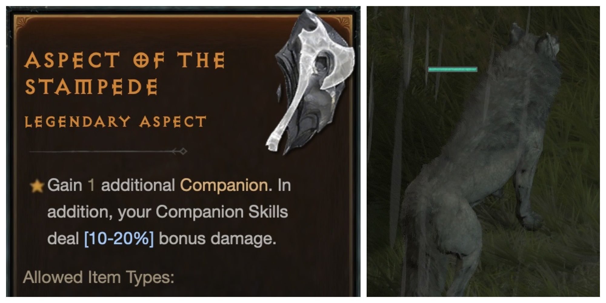 D4 Aspect of the Stampede description and effect, next to a Druid's wolf companion