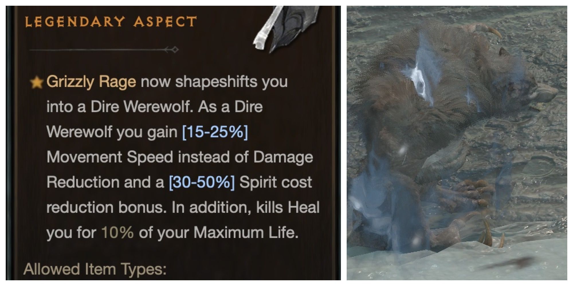 Diablo 4 description of Dire Wolf Aspect is shown next to a Dire Werewolf Druid