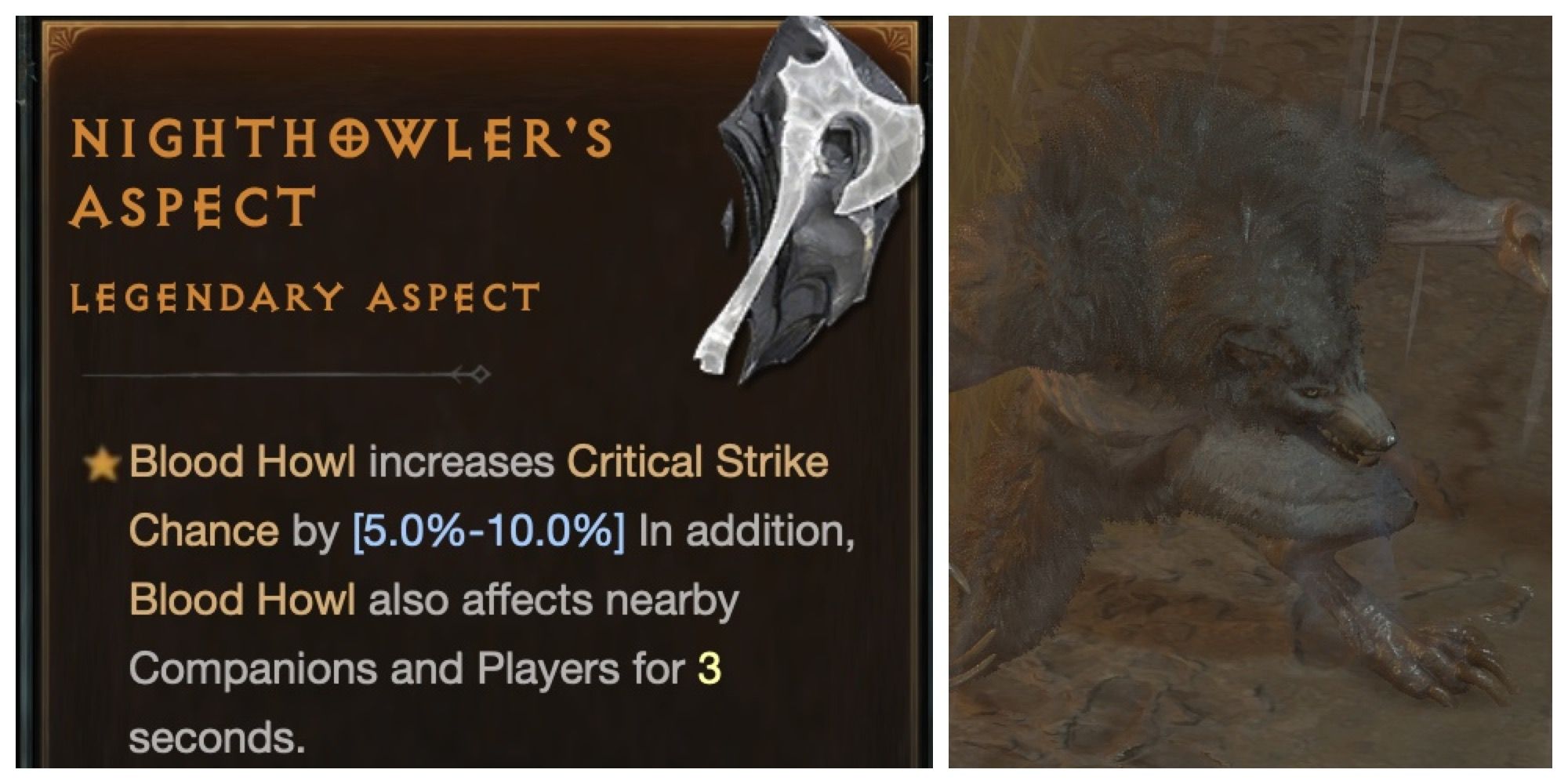 Diablo 4 description of Nighthowler's Aspect is shown next to a Werewolf Druid