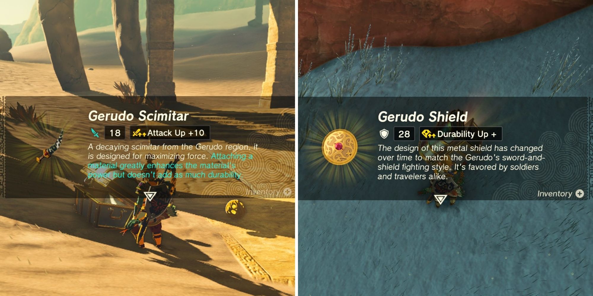 split image of link finding the gerudo scimitar and gerudo shield from a chest totk