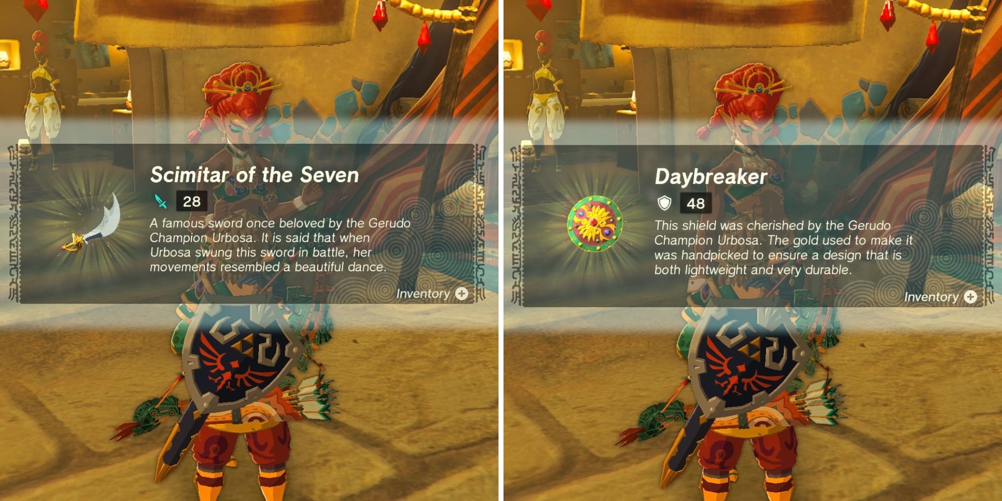 split image of link getting the scimitar of the seven and daybreaker from Isha totk