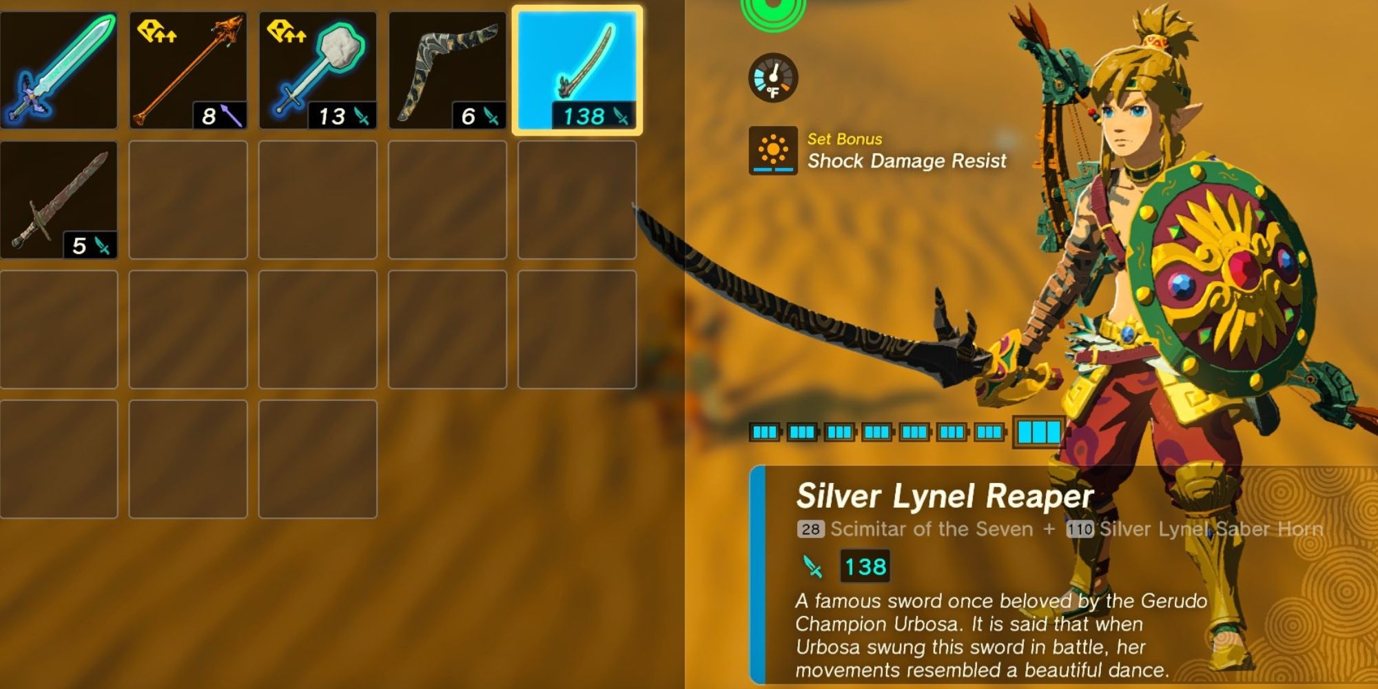 link holding Scimitar of the Seven and Silver Lynel Saber Horn fusion sword totk