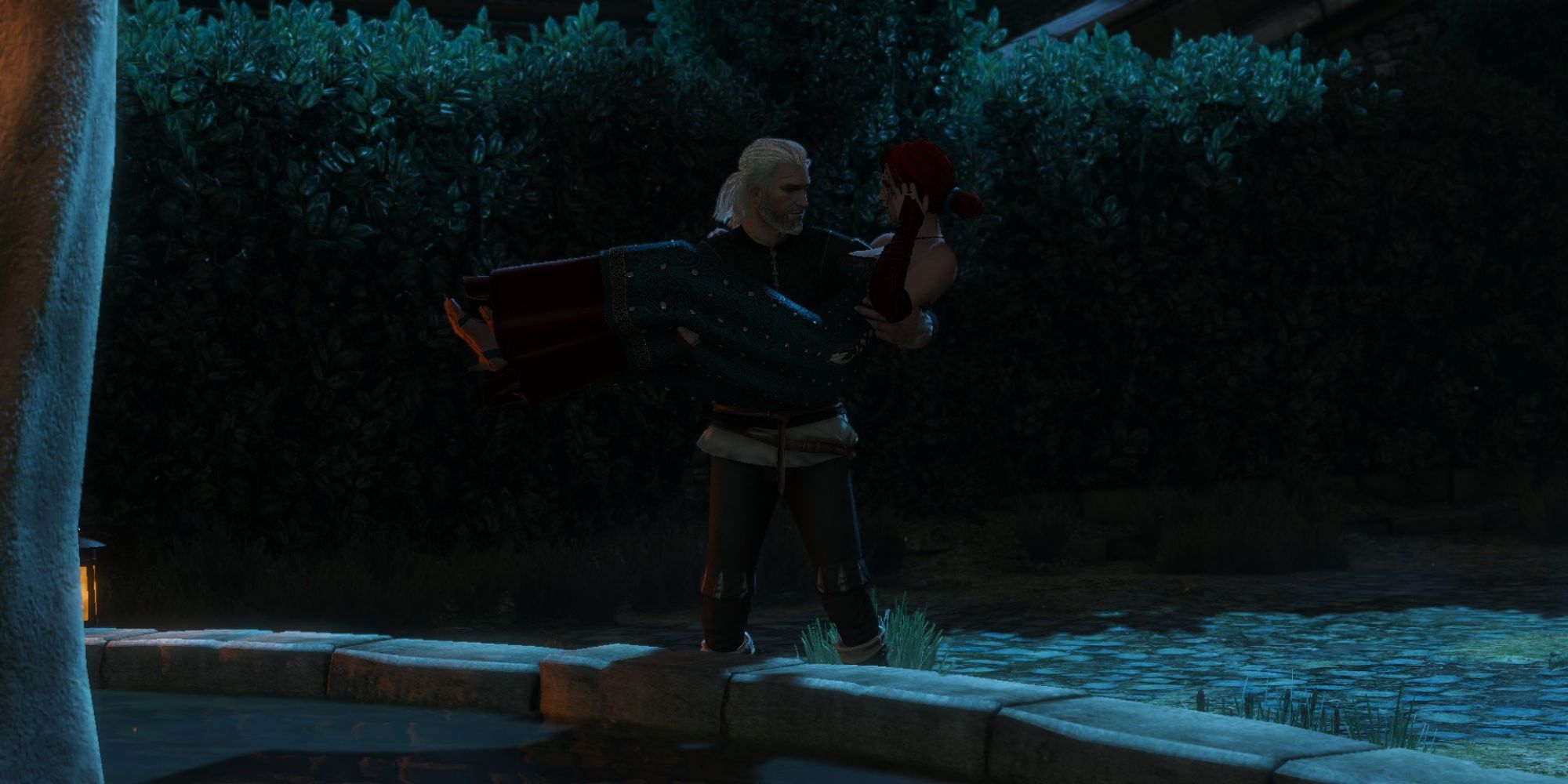 Geralt holding Triss at the ball moments before he can kiss her The Witcher 3